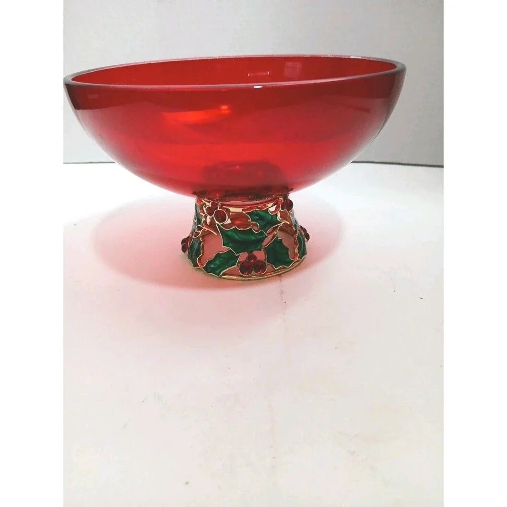 Teleflora Christmas Centerpiece Bowl Vase Red Glass Enameled Holly Berry Holiday